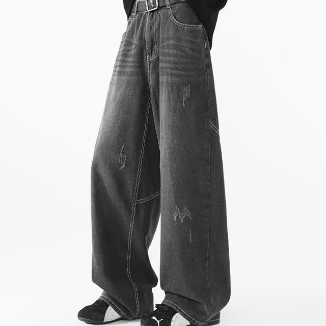 一碗士多 美式小众复古高街百搭简约经典做旧水洗设计宽松阔腿直筒裤子显高显瘦柔软细腻耐磨耐穿日常户外运动通勤牛仔裤 男女同款