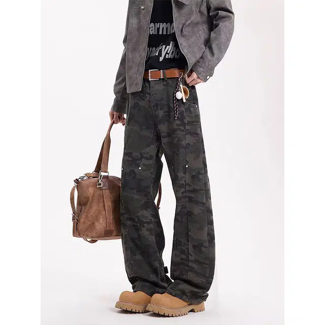 一碗士多 迷彩铆钉拼接解构美式复古高街时尚流行痞帅个性高级设计日常通勤宽松舒适百搭不挑人牛仔裤 男女同款