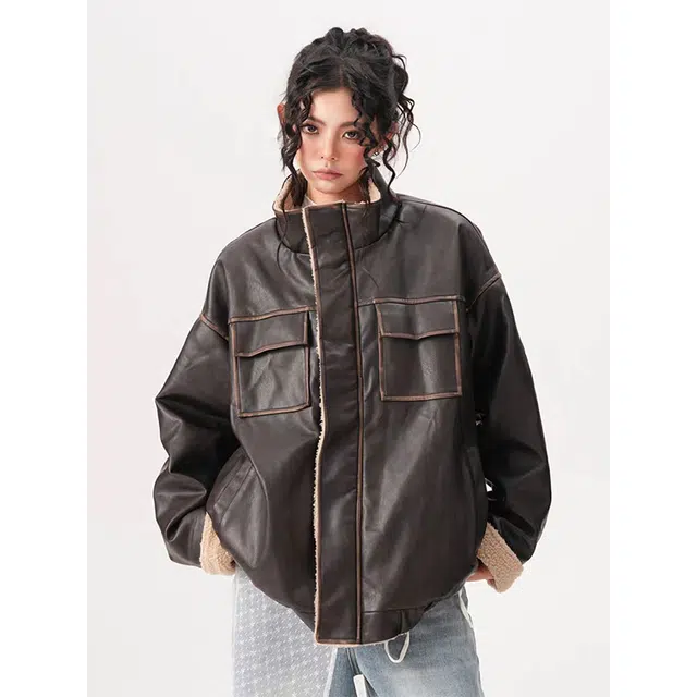 一碗士多 拼接解构口袋条纹美式复古高街时尚流行痞帅个性高级设计日常通勤宽松舒适百搭皮衣 男女同款