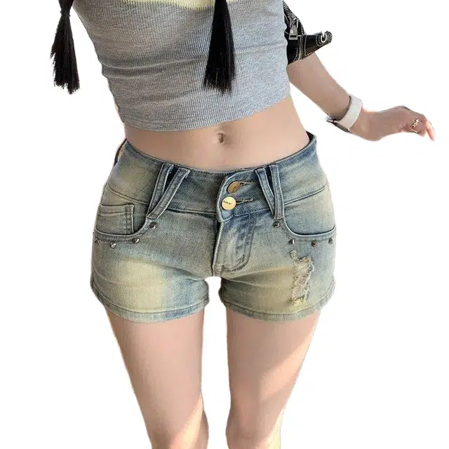 一碗士多 复古高街辣妹包臀女春夏季修身显瘦小个子低腰热裤牛仔短裤 女款