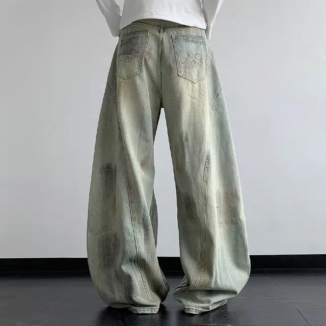 一碗士多 美式复古小众做旧水洗解构拼接设计脏脏裤阔腿直筒裤子垂感拖地街头个性时尚通勤日常废土风牛仔裤 男女同款