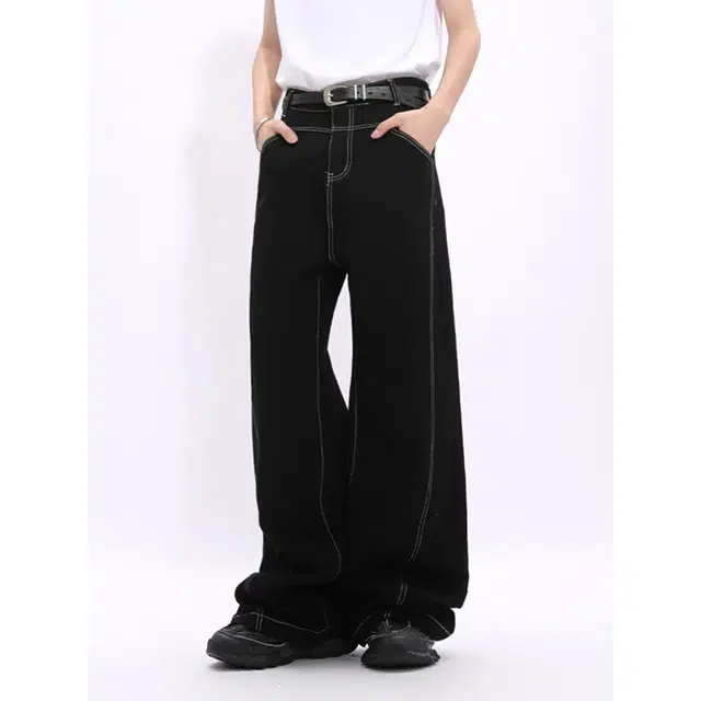 一碗士多 线条解构拼接设计简约立体裁剪弯刀阔腿个性化高级感显高显瘦无性别主义日常户外通勤出街宽松舒适百搭慵懒感牛仔裤 男女同款