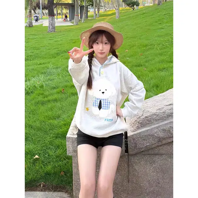 一碗士多 毛绒小狗卡通刺绣撞色拼接可爱慵懒风宽松舒适百搭不挑人显瘦日常户外运动出街拍照卫衣 男女同款