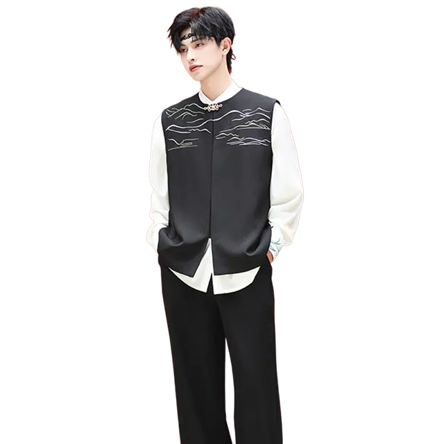 一碗士多 新中式复古刺绣设计隐藏金属扣宽松舒适小众百搭日常通勤户外活动高级感马甲 男女同款