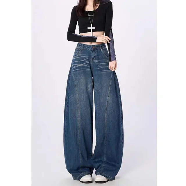 一碗士多 拼接解构条纹水洗做旧美式复古直筒高街时尚流行痞帅个性高级设计日常通勤宽松舒适百搭不挑人牛仔裤 男女同款