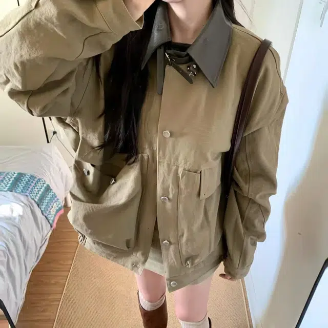 一碗士多  大口袋翻领廓形水洗帆布撞色静默美式复古哈灵顿高级感无性别主义宽松舒适百搭日常城市通勤情侣出街拍照痞帅风棒球服 男女同款