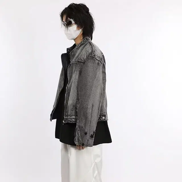 一碗士多 美式复古高街小众百搭做旧水洗拼接设计感袖口拉链个性痞帅时尚日常通勤机车立领牛仔夹克 男女同款