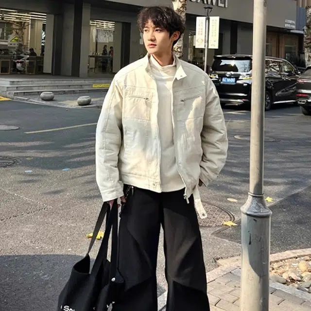 一碗士多 美式复古小众百搭纯色简约宽松日常通勤户外运动解构明线设计褶皱水洗帆布长袖夹克 男女同款