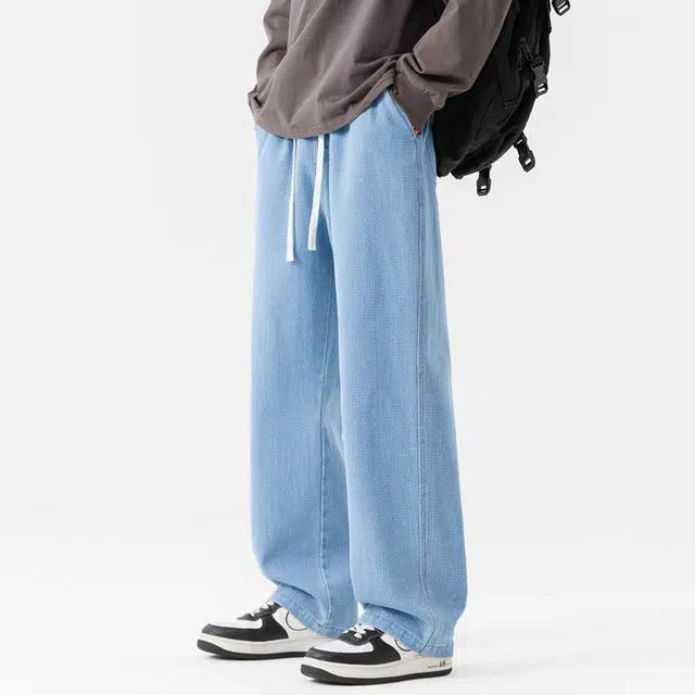 一碗士多 美式高街纯色百搭小众抽绳设计宽松垂感阔腿柔软舒适直筒显高显瘦日常活动户外通勤星空纹经典款牛仔裤 男女同款