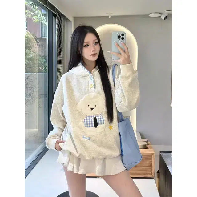 一碗士多 毛绒小狗卡通刺绣撞色拼接可爱慵懒风宽松舒适百搭不挑人显瘦日常户外运动出街拍照卫衣 男女同款