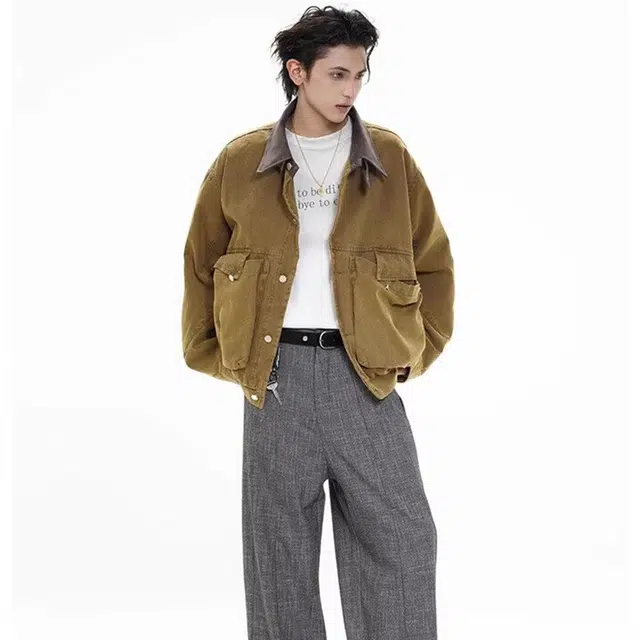 一碗士多 美式复古高街小众百搭纯色简约宽松舒适个性痞帅时尚通勤户外日常运动单排扣翻领基础款夹克 男女同款