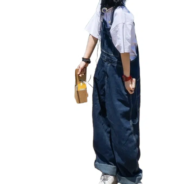 一碗士多 日系复古阔腿背带裤韩系宽松直筒工装吊带连体裤 男女同款