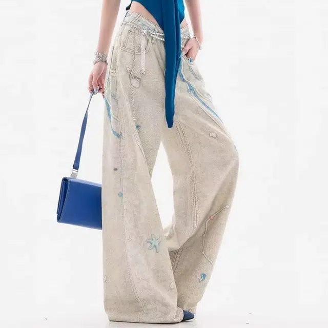 一碗士多 印花泼墨蕾丝珍珠设计感高级韩系松弛感脏染水洗做旧慵懒风穿搭海滩度假风日常百搭拖地旅游牛仔裤 男女同款