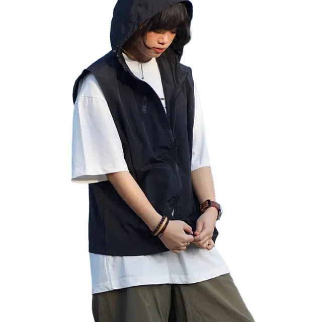 一碗士多 日系复古风衣速干连帽宽松工装骑行外套马甲 男女同款