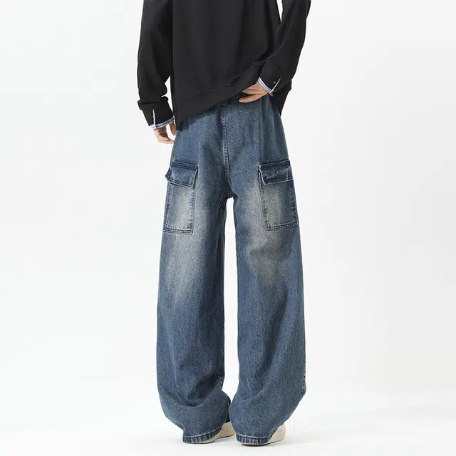 一碗士多 美式高街小众复古百搭经典做旧水洗拼接多口袋设计显高显瘦户外日常基础款宽松垂感拖地阔腿直筒牛仔裤 男女同款