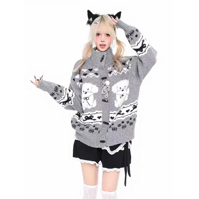 一碗士多 狗狗爱心图案特色纽扣美式复古高街时尚流行痞帅个性高级设计日常通勤宽松舒适百搭不挑人针织衫 男女同款