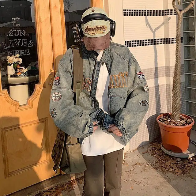 一碗士多 美式复古高街小众百搭做旧水洗痞帅拼接拉链字母印花日常通勤户外纽扣立领长袖牛仔夹克 男女同款