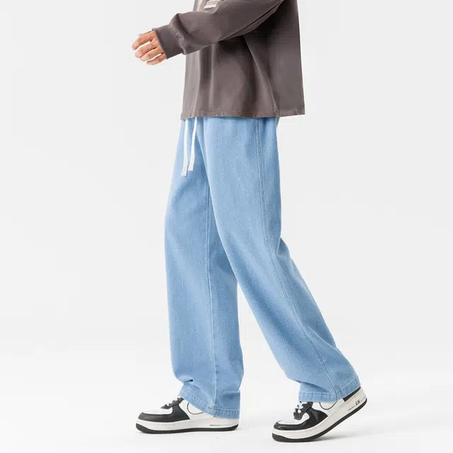 一碗士多 美式高街纯色百搭小众抽绳设计宽松垂感阔腿柔软舒适直筒显高显瘦日常活动户外通勤星空纹经典款牛仔裤 男女同款