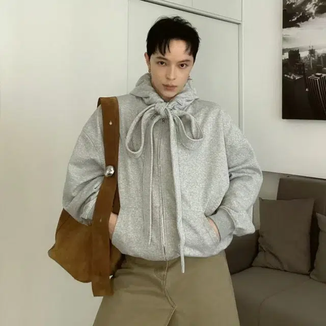 一碗士多 纯色绑带设计廓形开衫美式高街潮流时尚无性别主义情侣宽松舒适百搭日常户外通勤出街拍照小众高级感街头嘻哈风卫衣 男女同款