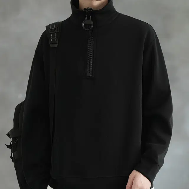 一碗士多 美式小众复古高街百搭经典纯色领口假两件半拉链设计独特撞色下摆宽松舒适垂感日常通勤户外运动简约基础款卫衣 男女同款