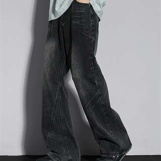 一碗士多 美式高街复古经典小众百搭宽松显高阔腿直筒裤子日常户外舒适通勤运动做旧水洗拼接设计个性时尚牛仔裤 男女同款