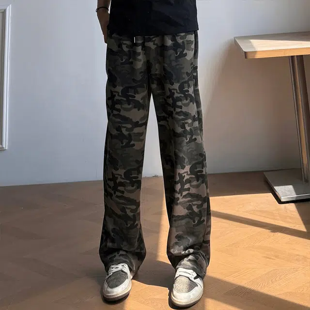 一碗士多 美式高街百搭小众迷彩垂感拖地阔腿直筒宽松休闲裤 男女同款
