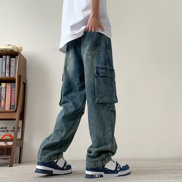 一碗士多 美式水洗做旧大口袋纯色结构拼接高级感设计户外通勤日常百搭高街潮牌舒适宽松痞帅基础款潮流时尚拉链中腰直筒牛仔裤 男女同款