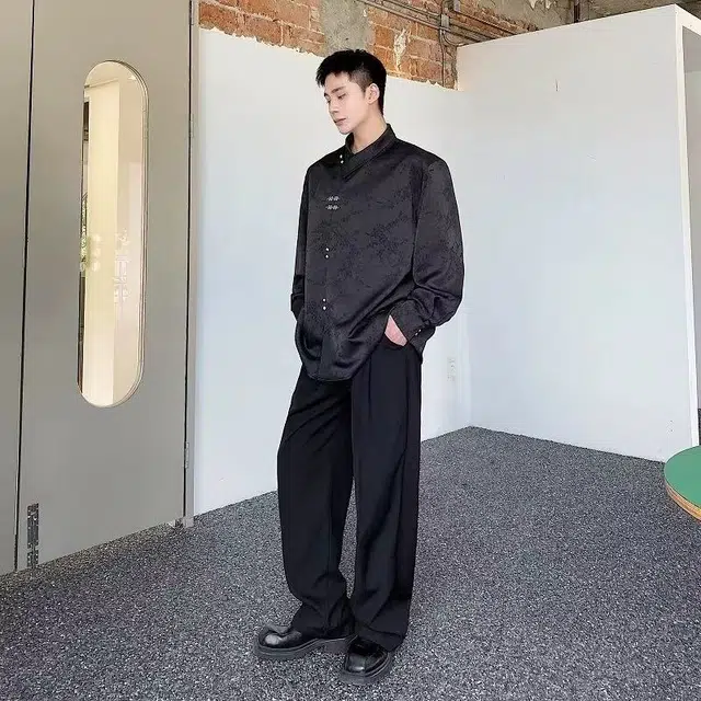 一碗士多 新中式缎面不规则盘扣暗纹唐装立领国风复古改良汉服搭配马面裙道袍中山装飞机袖日常百搭休闲宽松舒适衬衫 男女同款