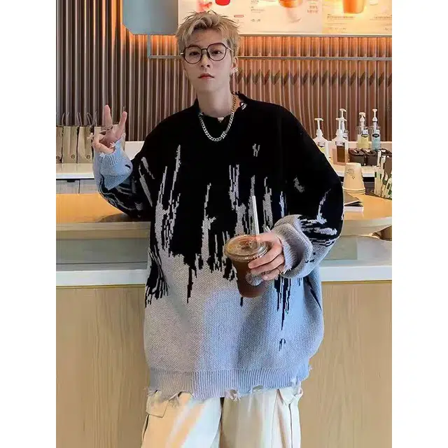 一碗士多 拼接解构撞色不规则美式复古高街时尚流行痞帅个性高级设计日常通勤宽松舒适百搭不挑人针织衫 男女同款