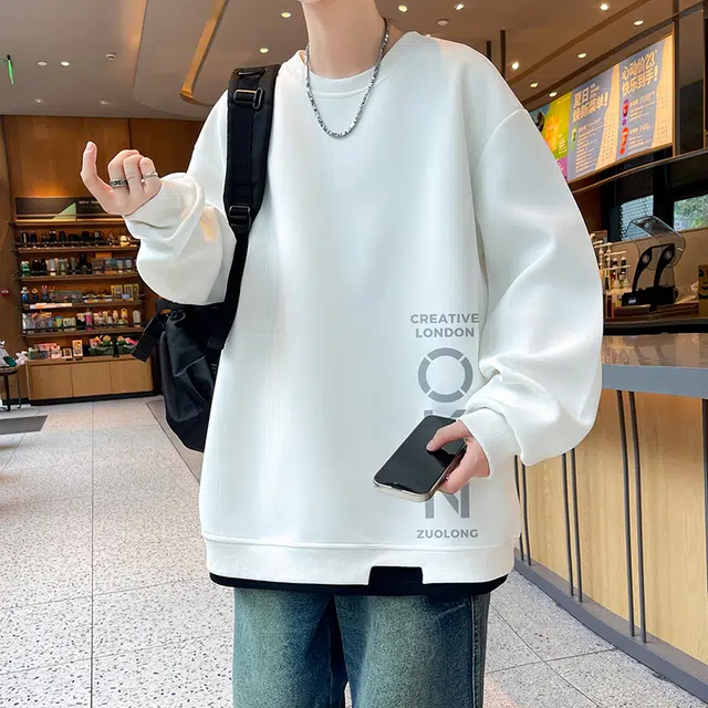 一碗士多 拼接撞色字母印花个性小众高级感设计美式复古高街潮牌时尚舒适宽松户外通勤日常百搭圆领落肩长袖卫衣 男女同款