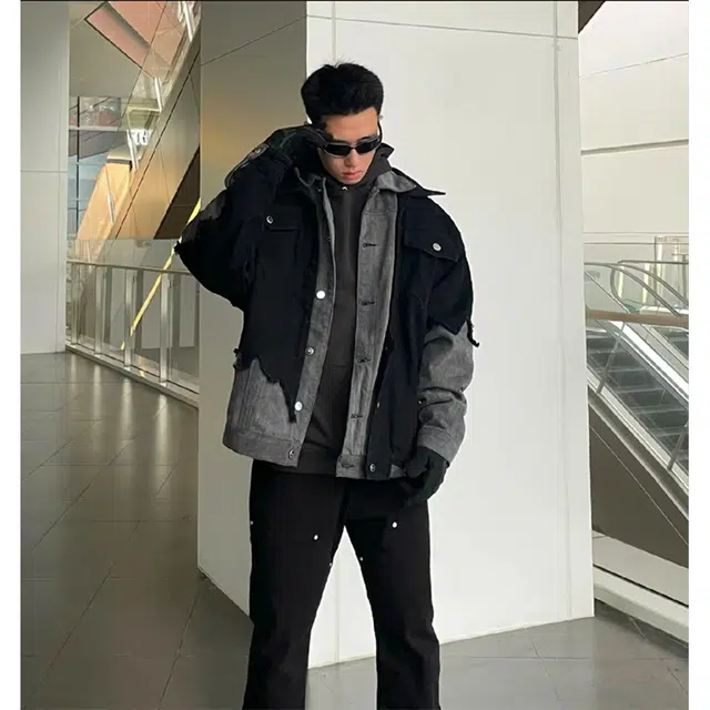 一碗士多 假两件撕裂拼接破裂美式复古高街时尚流行痞帅个性高级设计日常通勤宽松舒适百搭不挑人夹克 男女同款