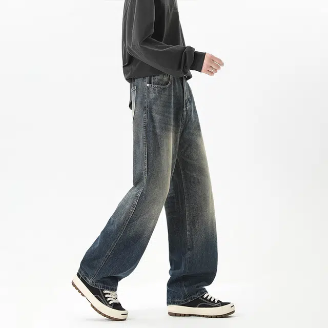 一碗士多 美式高街复古小众百搭简约渐变经典做旧水洗基础款日常通勤微喇垂感拖地宽松阔腿直筒牛仔裤 男女同款