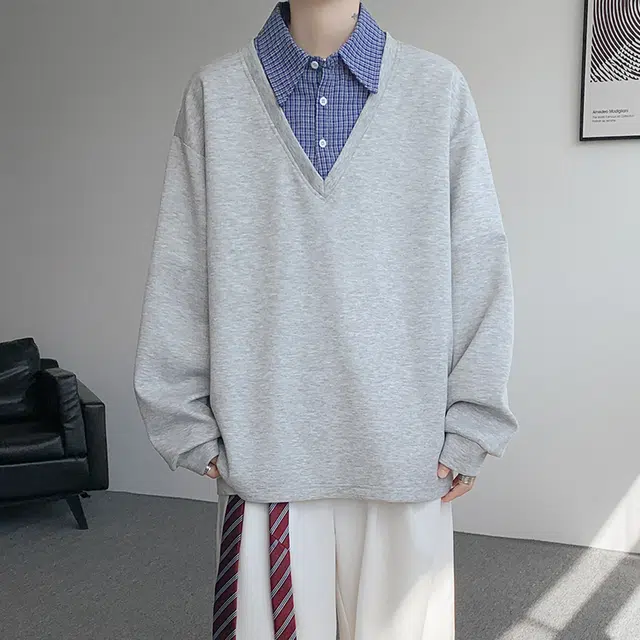 一碗士多 美式小众百搭复古经典设计感纯色格子拼接假两件学院风青春个性时尚宽松日常通勤户外卫衣 男女同款