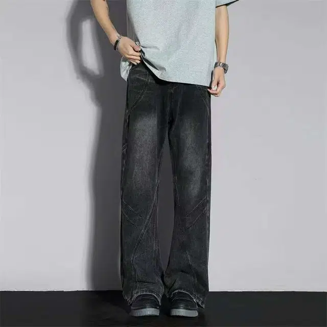 一碗士多 美式高街复古经典小众百搭宽松显高阔腿直筒裤子日常户外舒适通勤运动做旧水洗拼接设计个性时尚牛仔裤 男女同款