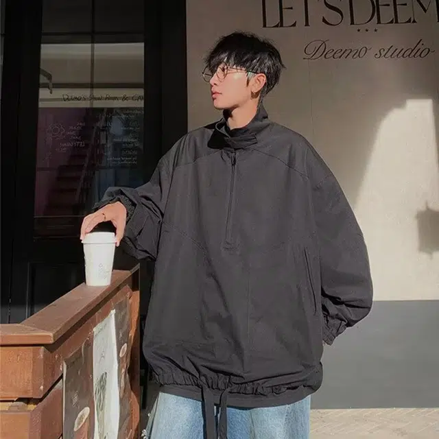 一碗士多 美式复古高街小众百搭纯色简约立领袖口褶皱下摆松紧设计户外登山徒步防风防水机能个性时尚夹克 男女同款