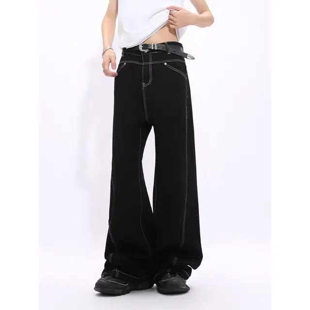 一碗士多 线条解构拼接设计简约立体裁剪弯刀阔腿个性化高级感显高显瘦无性别主义日常户外通勤出街宽松舒适百搭慵懒感牛仔裤 男女同款