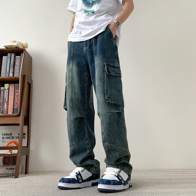 一碗士多 美式水洗做旧大口袋纯色结构拼接高级感设计户外通勤日常百搭高街潮牌舒适宽松痞帅基础款潮流时尚拉链中腰直筒牛仔裤 男女同款