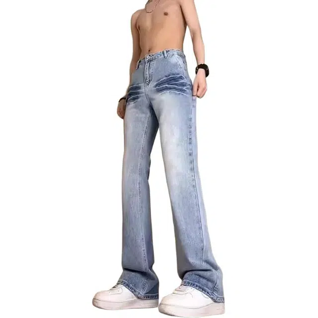 一碗士多 美式高街小众百搭闪电纹设计感做旧水洗个性时尚痞帅拍照垂感拖地阔腿直筒微喇经典款牛仔裤 男女同款