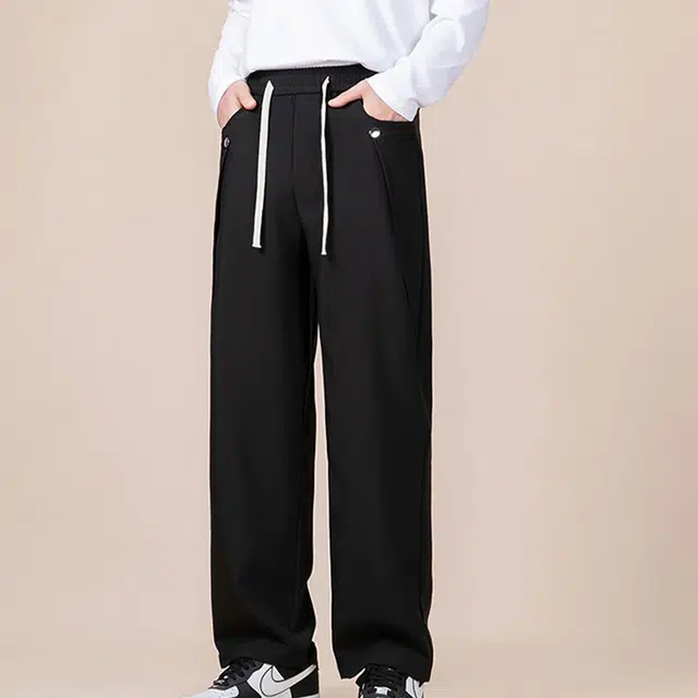 一碗士多 美式高街复古简约纯色小众百搭铆钉拼接设计个性时尚直筒阔腿裤子宽松舒适日常通勤户外活动基础款休闲裤 男女同款