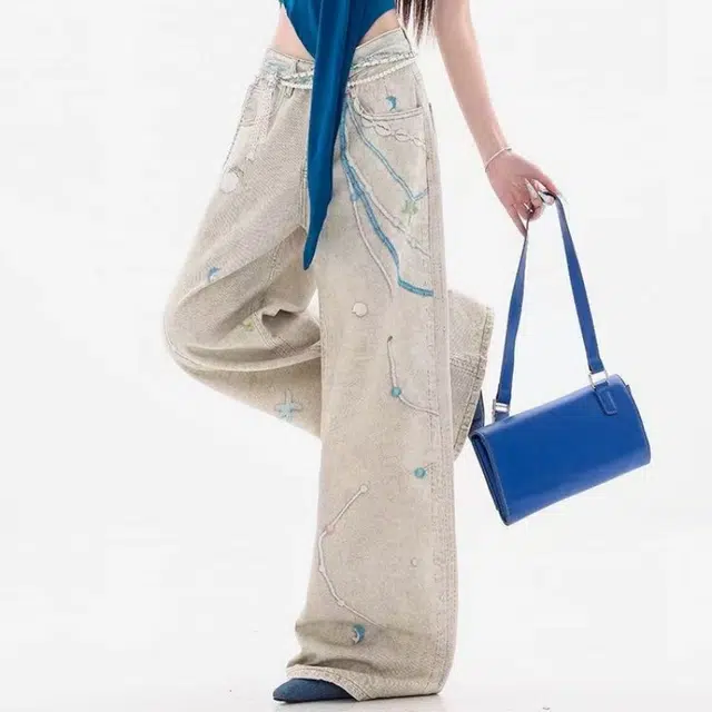 一碗士多 印花泼墨蕾丝珍珠设计感高级韩系松弛感脏染水洗做旧慵懒风穿搭海滩度假风日常百搭拖地旅游牛仔裤 男女同款