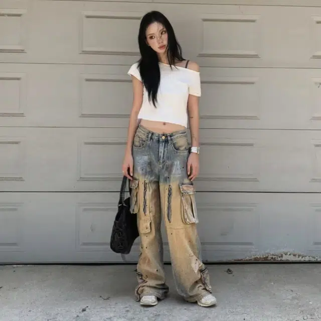 一碗士多 黄泥洗喷墨多口袋拉链工装渐变褶皱水洗做旧拼接百搭美式高街设计感重工小众时尚炸街牛仔裤 男女同款