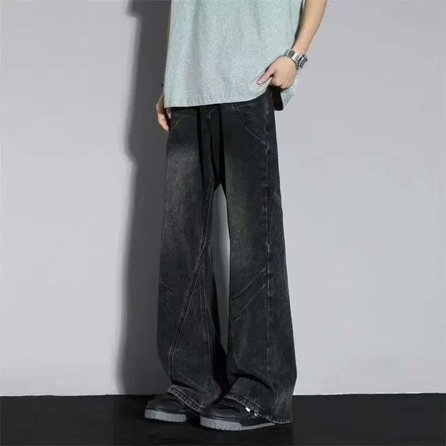 一碗士多 美式高街复古经典小众百搭宽松显高阔腿直筒裤子日常户外舒适通勤运动做旧水洗拼接设计个性时尚牛仔裤 男女同款