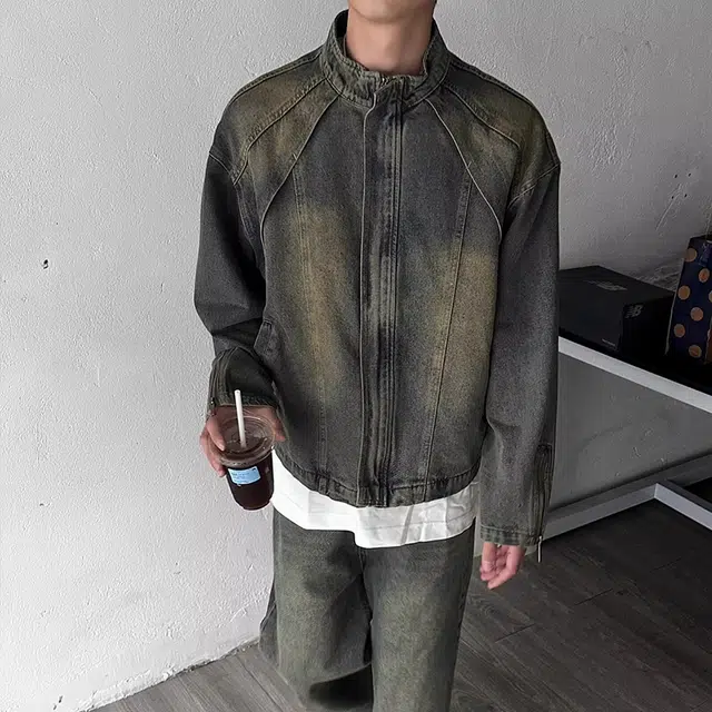 一碗士多 美式做旧水洗拼接设计感袖口拉链复古百搭小众个性拍照通勤日常户外时尚痞帅立领牛仔夹克 男女同款