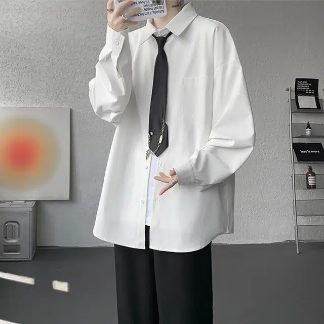 一碗士多 自带领结胸针高级感纯色个性小众设计时尚痞帅美式复古户外通勤日常聚会百搭舒适宽松柔软亲肤单排扣落肩翻领长袖 衬衫 男女同款