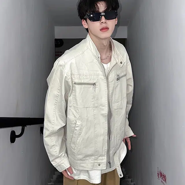 一碗士多 美式复古小众百搭纯色简约宽松日常通勤户外运动解构明线设计褶皱水洗帆布长袖夹克 男女同款