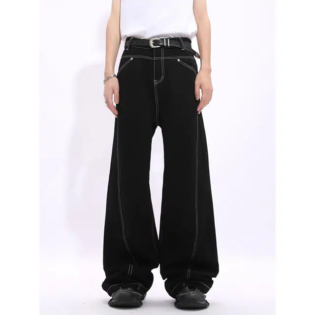 一碗士多 线条解构拼接设计简约立体裁剪弯刀阔腿个性化高级感显高显瘦无性别主义日常户外通勤出街宽松舒适百搭慵懒感牛仔裤 男女同款