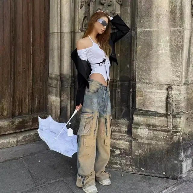 一碗士多 黄泥洗喷墨多口袋拉链工装渐变褶皱水洗做旧拼接百搭美式高街设计感重工小众时尚炸街牛仔裤 男女同款