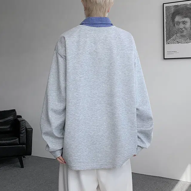 一碗士多 美式小众百搭复古经典设计感纯色格子拼接假两件学院风青春个性时尚宽松日常通勤户外卫衣 男女同款