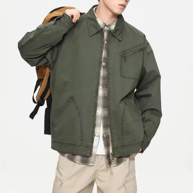 一碗士多 美式复古百搭小众拼接水洗工装高端猎装外套宽松通勤日常出街拍照休闲落肩袖翻领飞行员夹克 男女同款