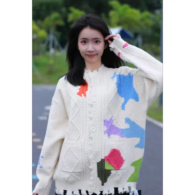 一碗士多 破洞涂鸦撞色宽松百搭舒适针织衫 男女同款